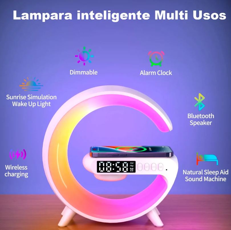 Lámpara Despertador Cargador Inalámbrico 4 en 1: Diseño Inteligente para tu Hogar